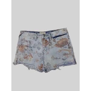 Free People Womens Distressed Floral Cut Off Denim Jean Shorts Size 25